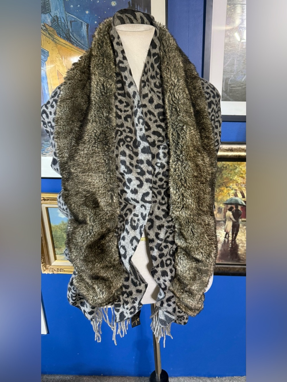 La Fiorentina Leopard Print Wrap with Brown Faux Fur Trim